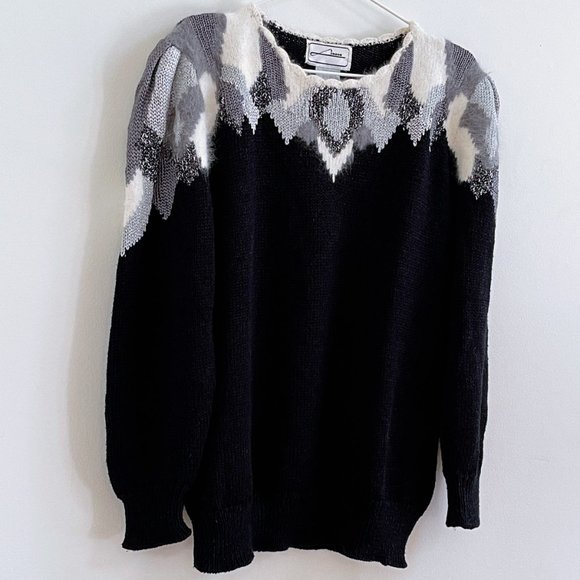 Vintage Lindor Black Knit Elegant Sweater Angora Rabbit Silver Embellished Sz L - Picture 4 of 9